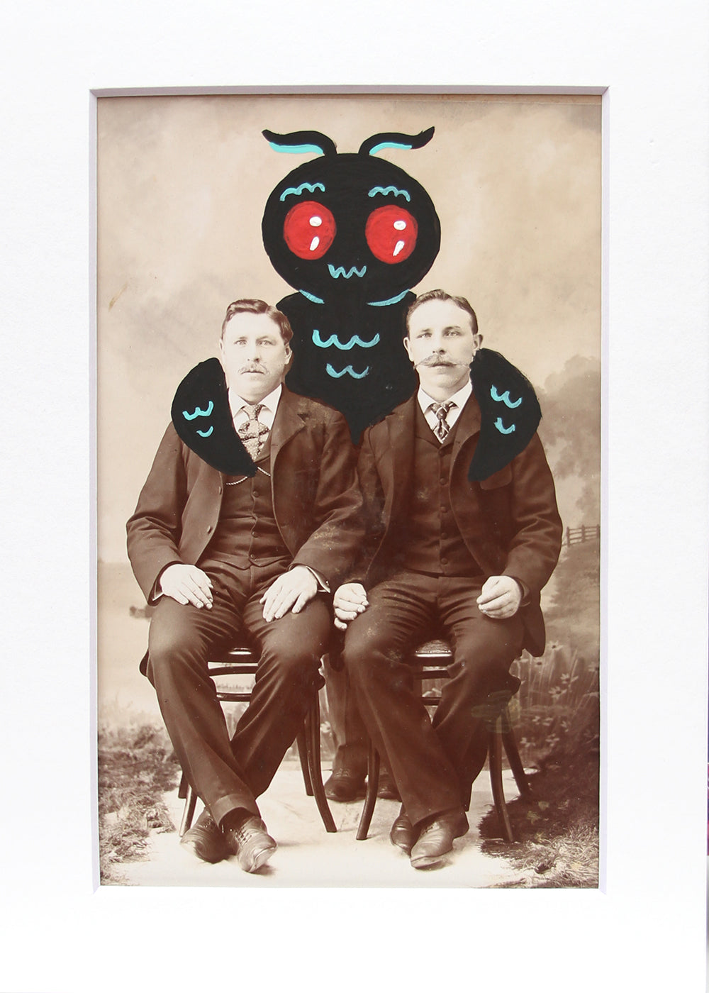 Mothman with brothers- Original painted antique photo