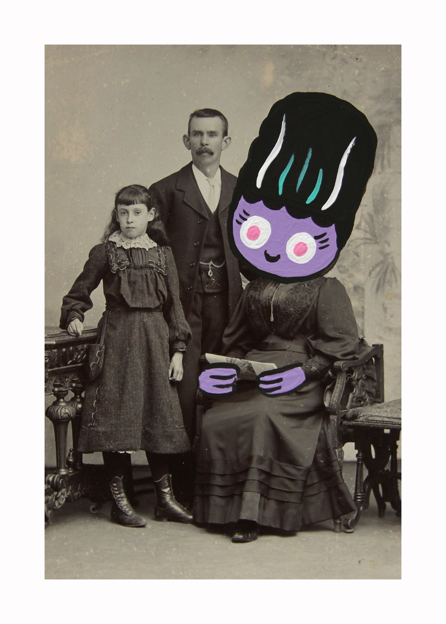 Bride with Family- Original painted antique photo