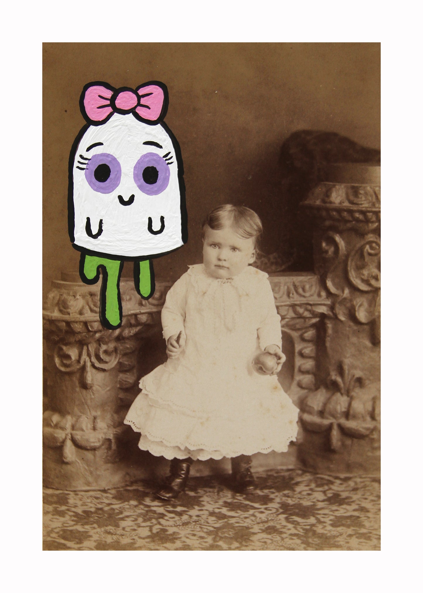 Girl with Ghost- Original painted antique photo