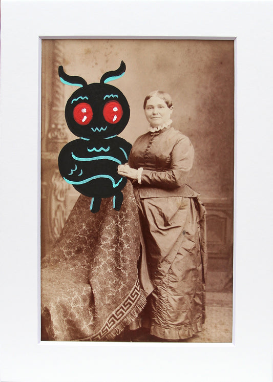 Mothman with older woman- Original painted antique photo
