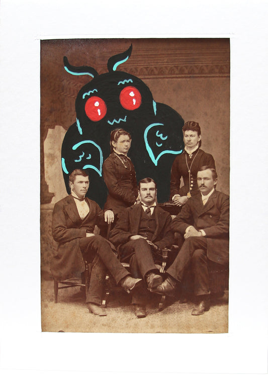 Mothman with family- Original painted antique photo