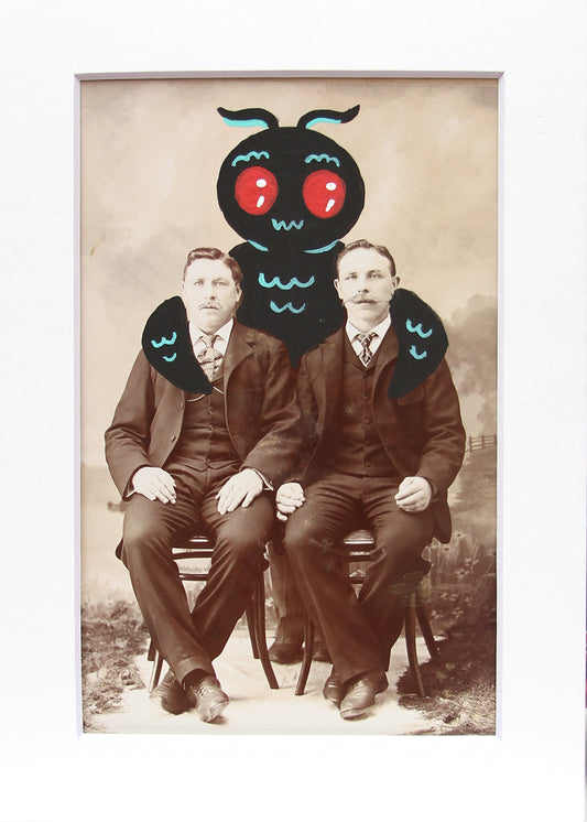 Mothman with brothers- Original painted antique photo