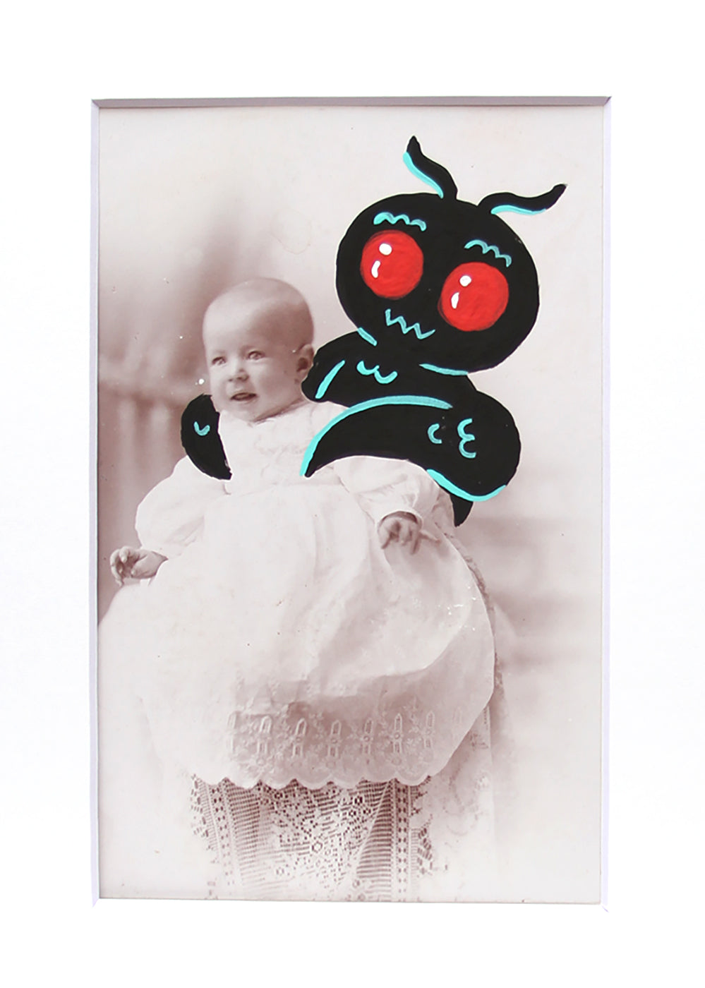 Mothman with little baby- Original painted antique photo