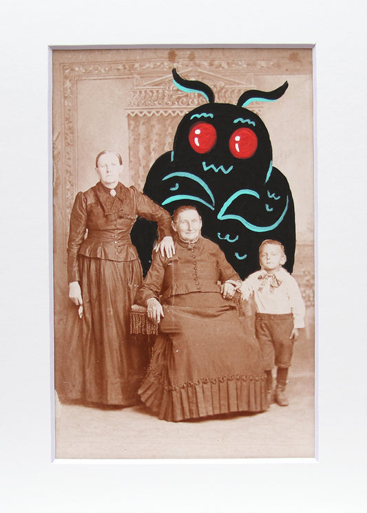 Mothman with Granny- Original painted antique photo