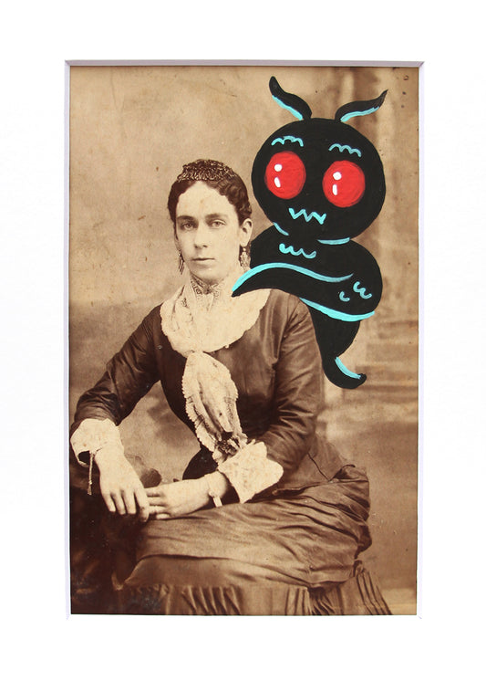 Mothman with woman- Original painted antique photo