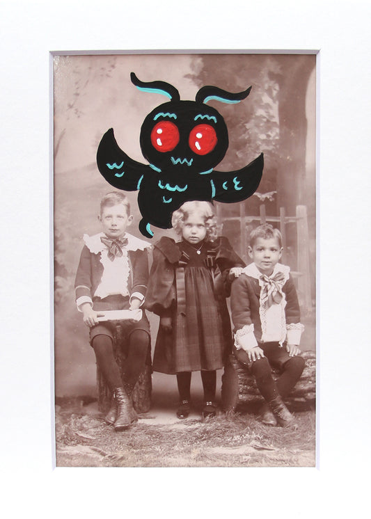 Mothman with 3 kids- Original painted antique photo