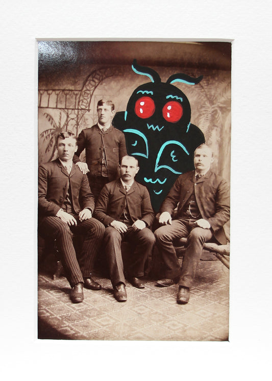 Mothman with the lads- Original painted antique photo