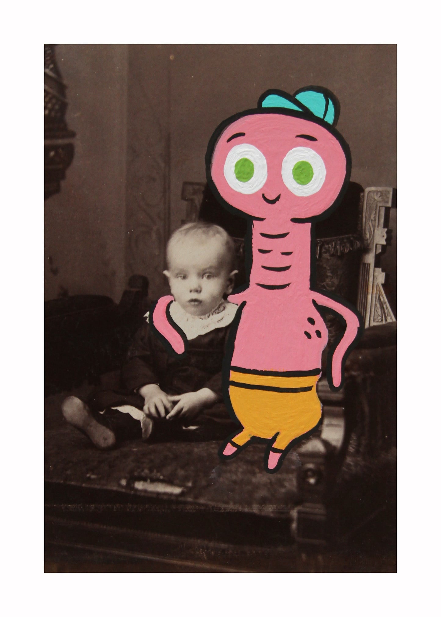 Baby's New Friend- Original painted antique photo